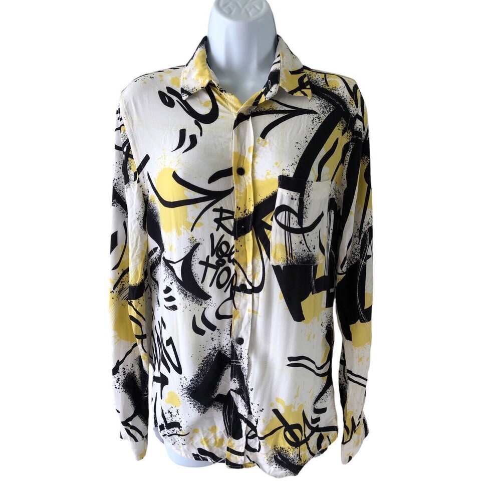 Zara Mens Graffiti Print Button Up Abstract Watercolor Paint Graphic Shirt Small